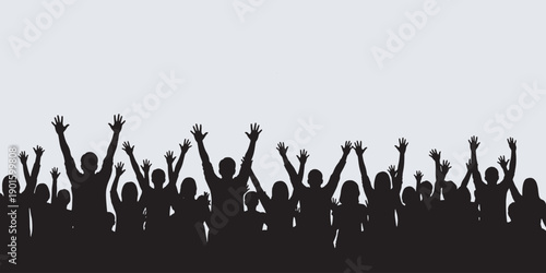 A large group of people silhouetted with their arms raised in celebration or excitement.