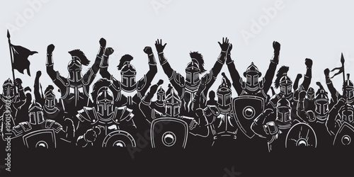 A triumphant army of ancient warriors raising their arms in celebration, depicted in a bold, graphic style.