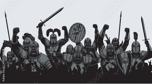 A group of medieval warriors in armor raising their swords and shields in a triumphant battle cry.