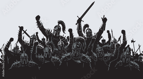 A victorious army of medieval warriors in armor, raising their swords and fists in triumph after a battle.
