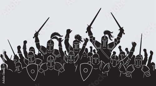 Silhouette of a medieval army of knights with swords raised in victory, celebrating a triumph.