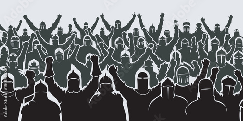 A large group of silhouetted figures in medieval armor with raised fists and arms in the air, symbolizing protest or a unified crowd.