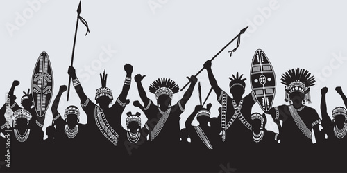 Silhouette of a group of warriors in traditional African attire holding spears and shields, celebrating victory.