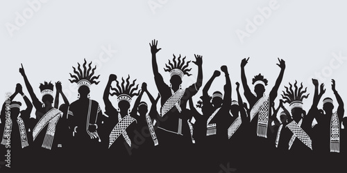 Silhouette of a jubilant crowd with raised arms and festive headdresses, celebrating together in unity.