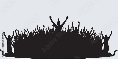 Silhouette of a cheering crowd with hands raised in excitement and celebration.