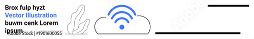 Cloud storage, data sharing, wireless technology, internet servers, remote access, web services. A cloud with a wireless signal icon, abstract plant and clean lines. Cloud storage and wireless