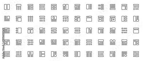 Wireframe icon set. UI/UX vector icons pack. Includes symbols for layout, interface, blocks, dashboard, content, design and more. Editable stroke.