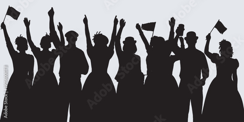 Silhouette of a diverse group of people raising their hands and waving flags in celebration.