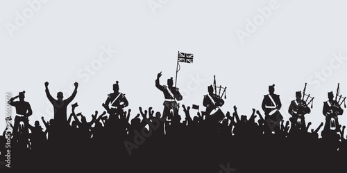Silhouette of a crowd cheering for soldiers and bagpipers holding a flag.