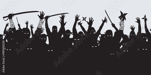 A silhouetted crowd of ninjas with raised arms and weapons, ready for battle.