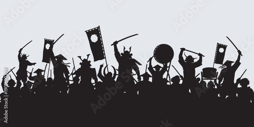 Silhouette of a Japanese samurai army with swords and flags celebrating victory.