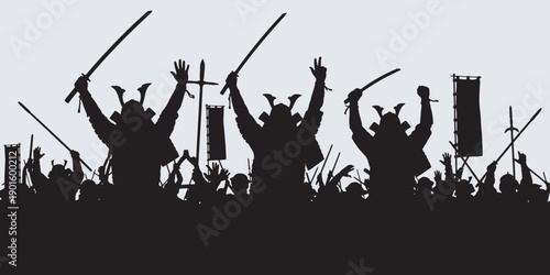 Silhouette of a large group of samurai warriors raising their swords and banners in victory or anticipation of battle.