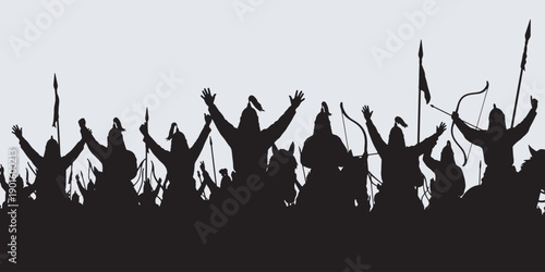 Silhouette of a triumphant army of warriors with raised arms and weapons, celebrating victory on a battlefield.