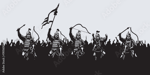 Ancient warriors in armor with bows and swords raise their weapons in a triumphant battle scene.