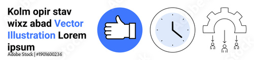 Business management, productivity tracking, time efficiency, teamwork processes, digital workflow, user feedback. Thumbs up, clock and gear with arrows. Productivity tracking and digital workflow