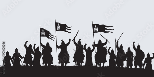 Silhouette of a Mongolian army with flags and swords raised in victory against a pale sky.