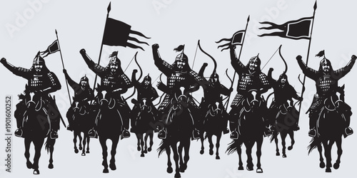 A group of medieval warriors on horseback, armed with bows and arrows, charging forward with flags raised high.