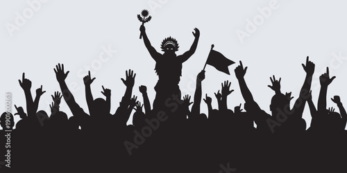 Silhouette of a cheering crowd with a person holding a flag and a trophy aloft, symbolizing victory and celebration.