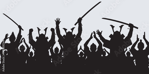 Silhouette of a cheering crowd of samurai warriors with swords raised in victory against a light background.