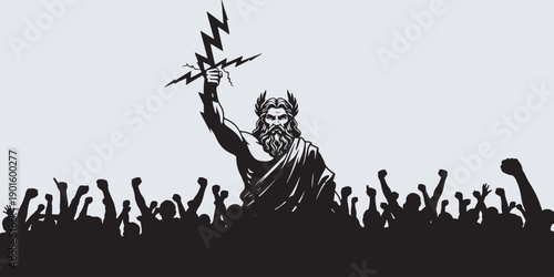Zeus, king of the gods, holding a lightning bolt above a crowd of cheering people.