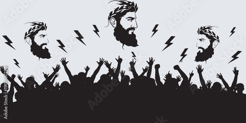 Stylized illustration of a crowd cheering with lightning and heads of a bearded man with a laurel wreath above them.