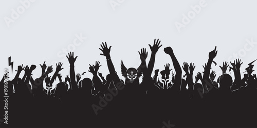Silhouette of a cheering crowd with hands raised in excitement at a concert or festival.