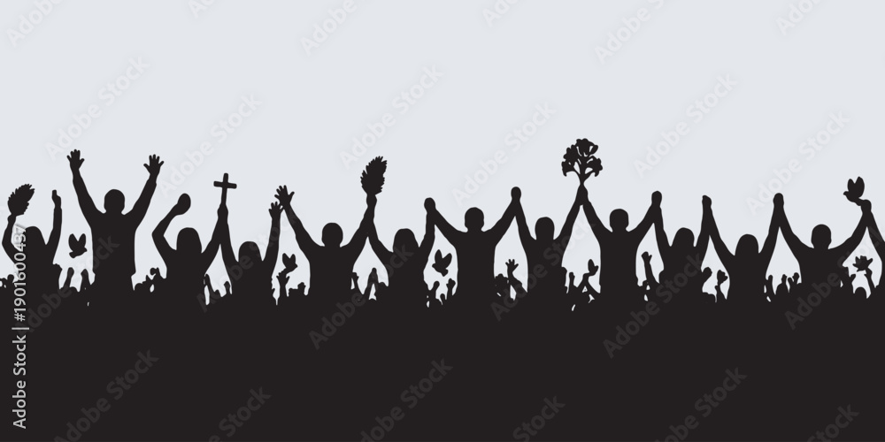 Naklejka premium Silhouette of a diverse crowd holding hands and raising their arms in celebration and unity.