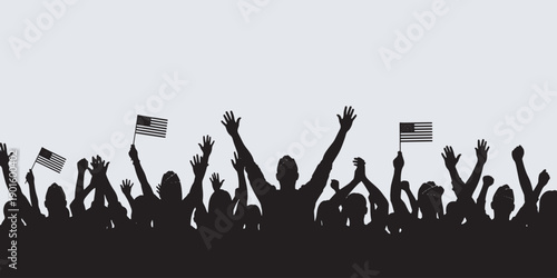 Silhouette of a cheering crowd with American flags raised in celebration against a light background.