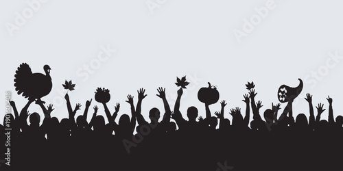 Silhouette of a crowd celebrating with Thanksgiving symbols like turkeys, pumpkins, and autumn leaves.