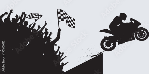 Motorcycle racer jumps off ramp with cheering crowd waving checkered flags.