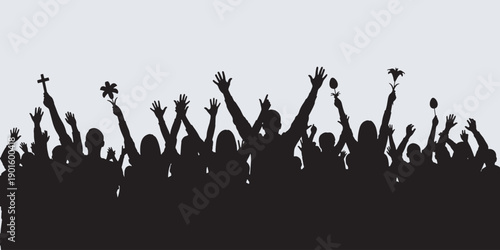 Silhouette of a crowd with raised hands and some holding flowers and a cross, symbolizing celebration and unity.