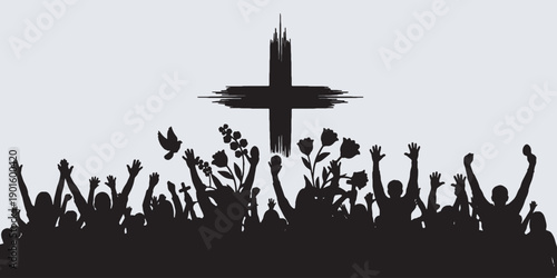 Silhouette of a crowd with hands raised in worship towards a large cross and a dove flying.