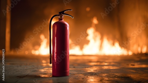 Fire Extinguisher Standing in Front of a Blazing Inferno, Emergency Equipment.