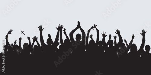 Silhouette of a crowd with raised hands and crosses, symbolizing worship and celebration.
