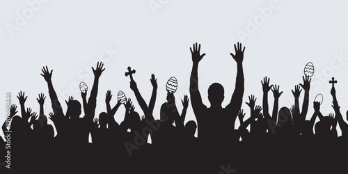 Silhouette of a crowd with raised hands, some holding crosses and Easter eggs, celebrating during a religious event.