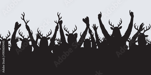 Silhouette of a crowd with deer heads and antlers raised in celebration or excitement.