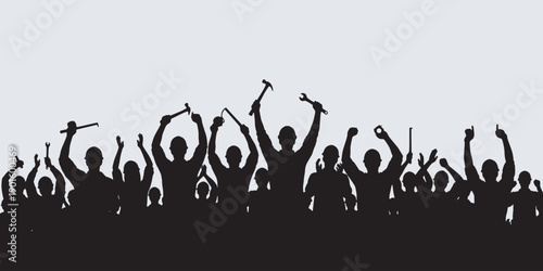 Silhouette of a crowd of people raising their arms and holding tools in protest or celebration.