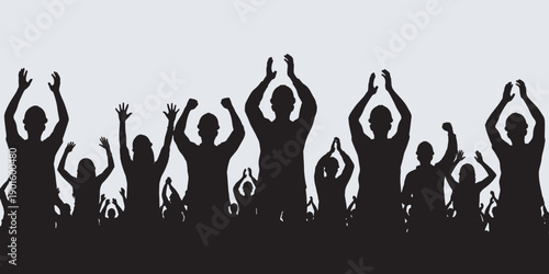 Silhouette of a cheering crowd with hands raised in the air against a light background, symbolizing celebration and excitement.
