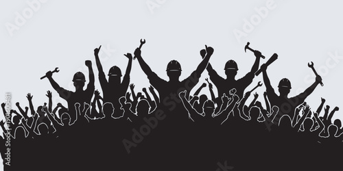 Silhouette of a crowd of workers raising tools and fists in solidarity and protest.