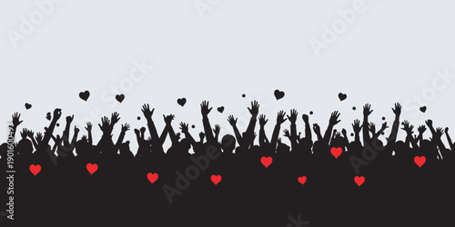 A large crowd of people with their hands raised in celebration, with red hearts floating around them.