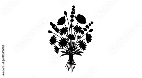 Black Silhouette of Wildflowers in Vase.