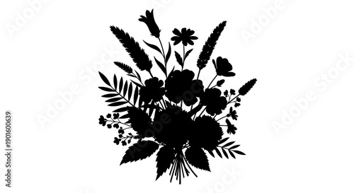 Black Silhouette of Wildflowers and Leaves.