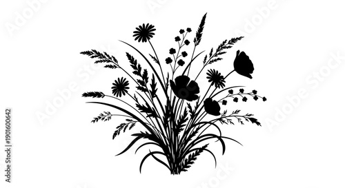 Black and White Wildflowers Illustration.