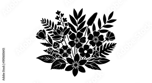 Black Silhouette of Flowers and Leaves.