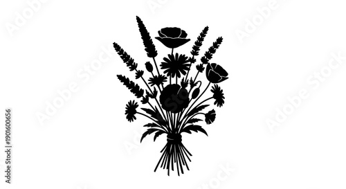 Black Silhouette of Wildflowers Bouquet.