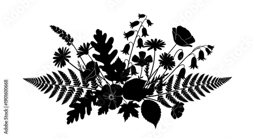 Black Silhouette of Various Plants and Flowers.