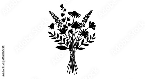 Black Silhouette of Wildflowers Bouquet.