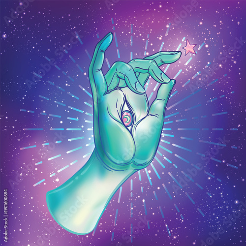 Lord Buddha hand with all-seeingl eye. Psychedelic colors. Hand drawn illustration. Invitation element. Astrology, alchemy, occult and magic symbol. Abstract cosmic background with stars..