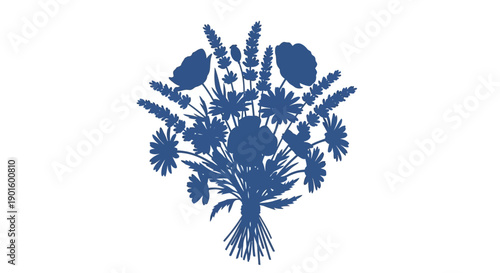Blue Floral Bouquet Silhouette Illustration.