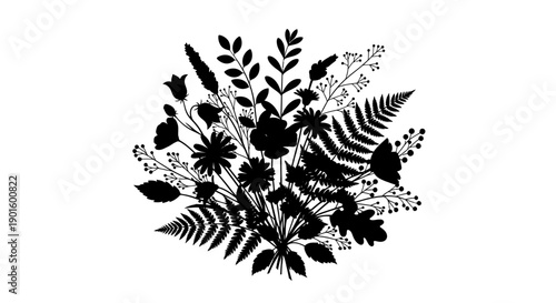 Black Silhouette of Various Leaves and Flowers.